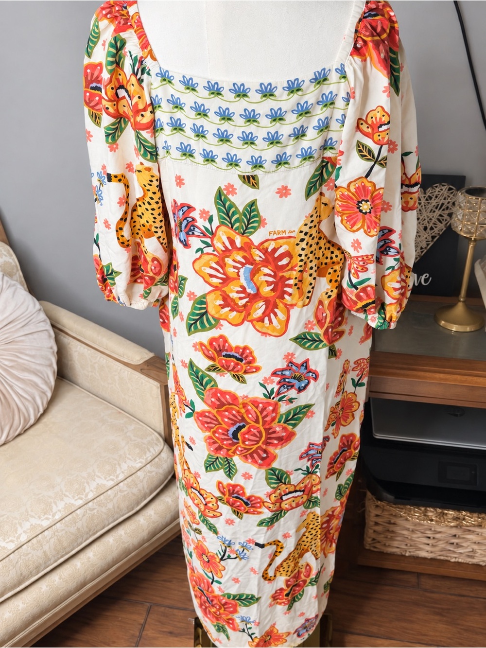 FARM Rio xAnthropologie   Babydoll Leopard Floral Maxi Dress Puff sleeves - Picture 10 of 12